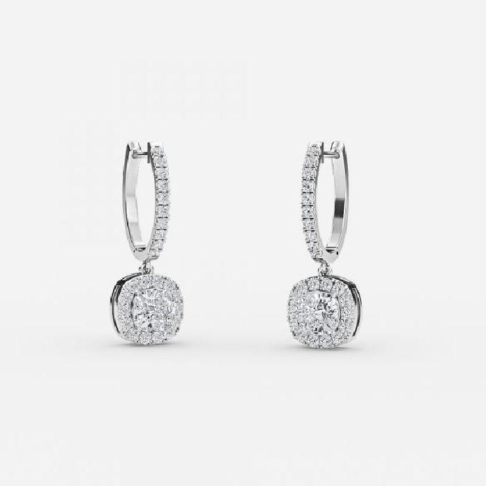 Cushion Moissanite Halo Drop Earrings