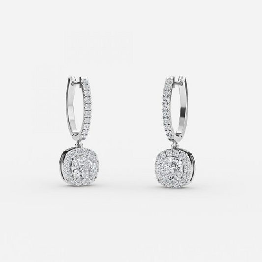 Cushion Moissanite Halo Drop Earrings