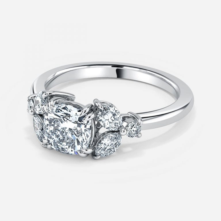 Zephyr Cushion Three Stone Moissanite Engagement Ring