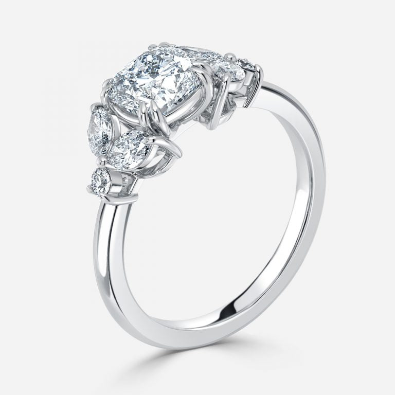 Zephyr Cushion Three Stone Moissanite Engagement Ring