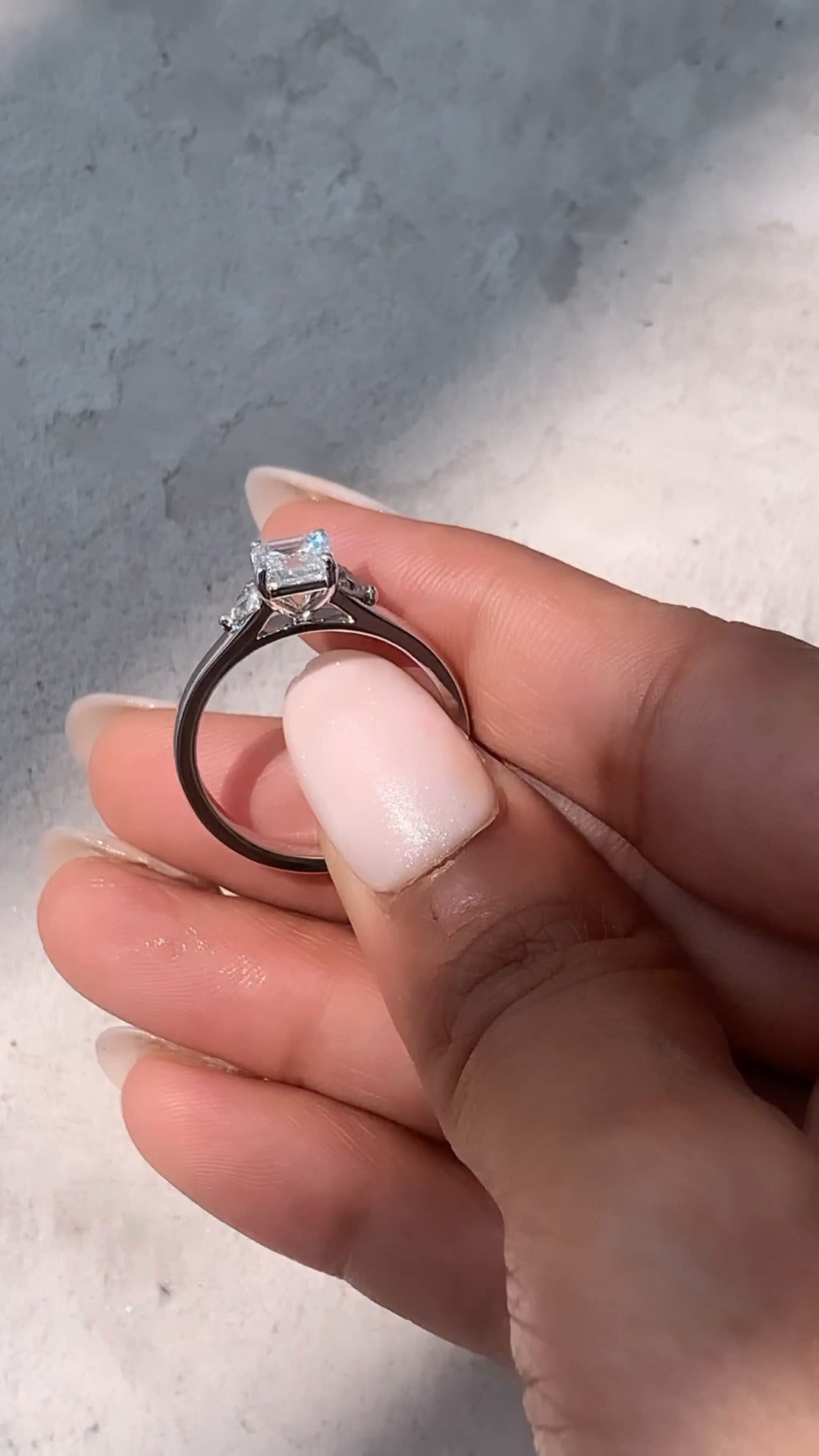 Aurelia Asscher Three Stone Moissanite Engagement Ring