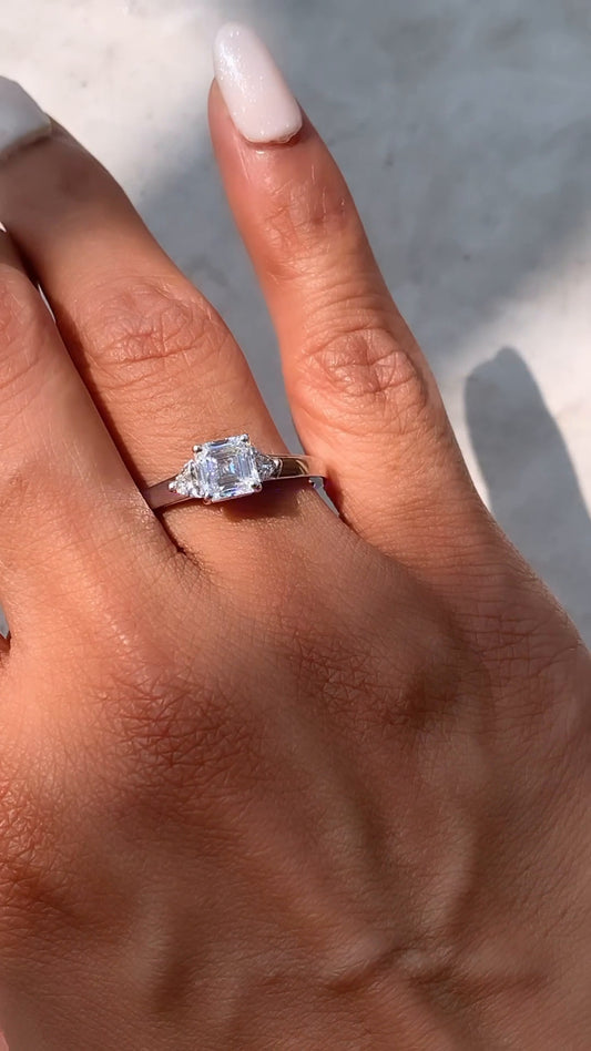 Aurelia Asscher Three Stone Moissanite Engagement Ring