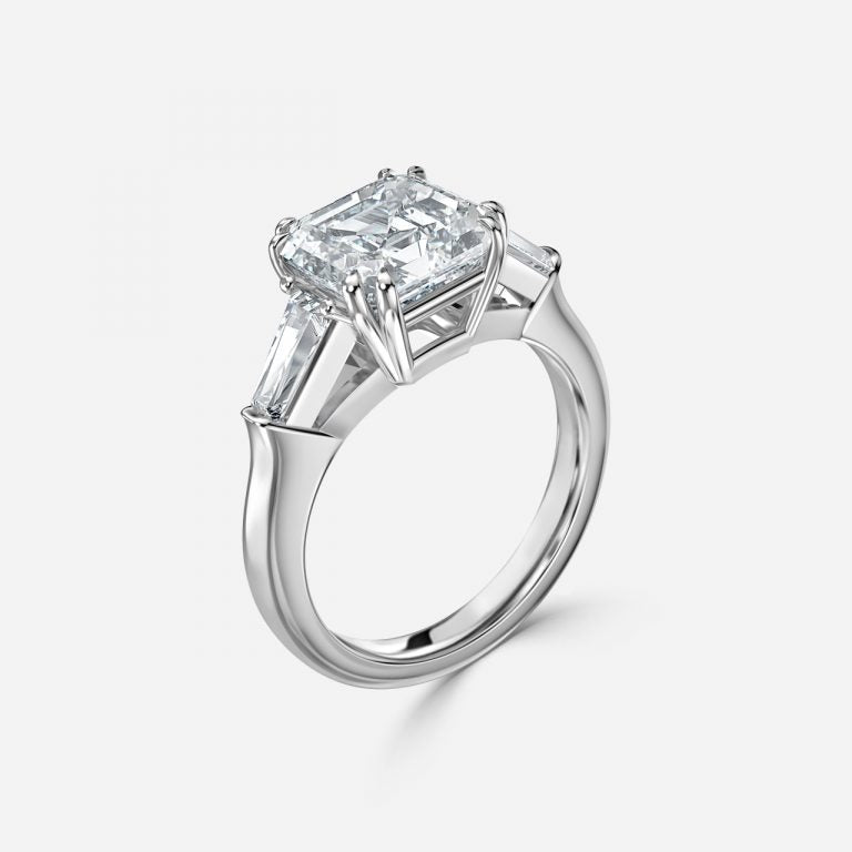 Calliope Asscher Three Stone Moissanite Engagement Ring