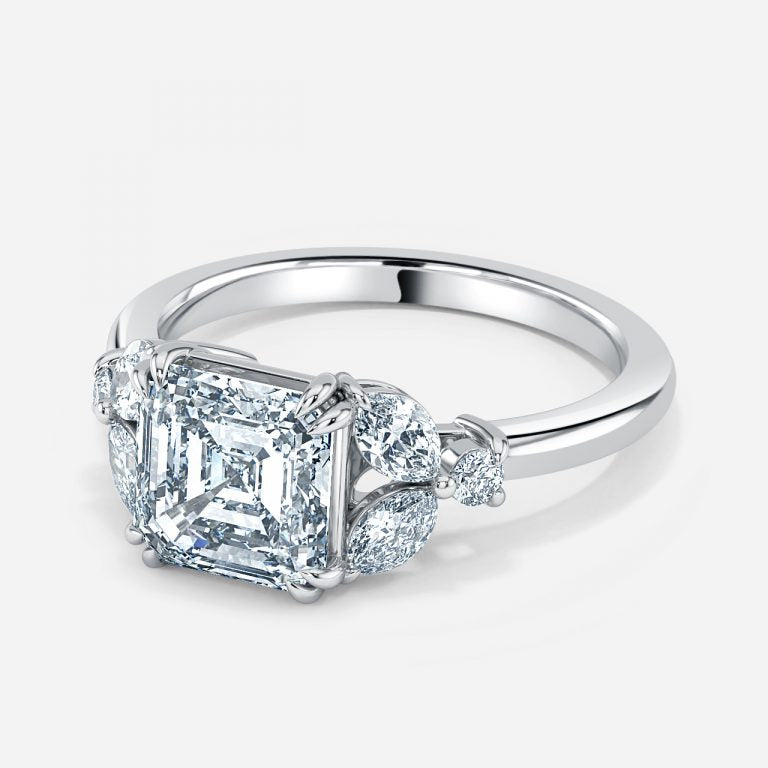 Zephyr Asscher Three Stone Moissanite Engagement Ring