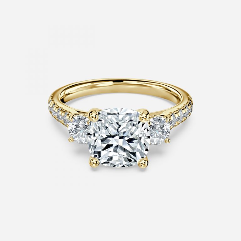 Olivine Cushion Three Stone Moissanite Engagement Ring