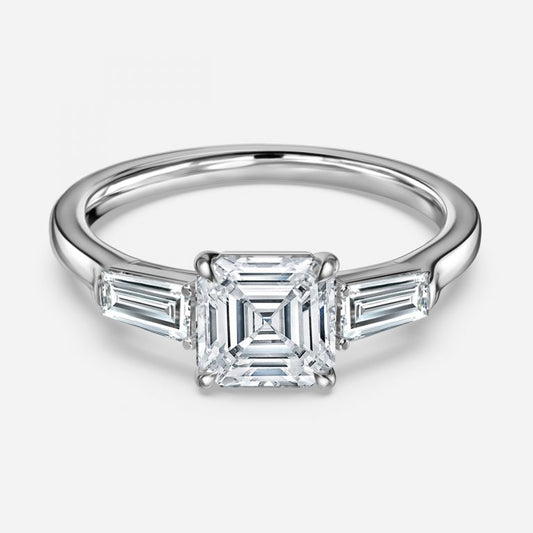 Marcelline Asscher Three Stone Moissanite Engagement Ring