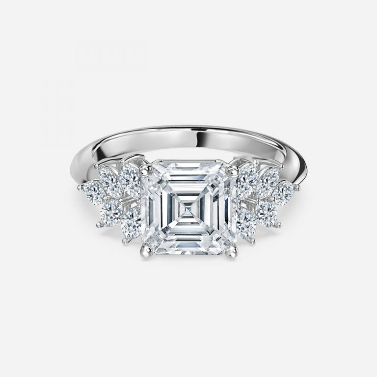 Clarity Asscher Three Stone Moissanite Engagement Ring