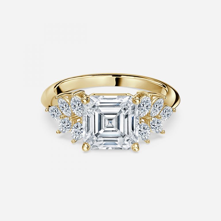 Clarity Asscher Three Stone Moissanite Engagement Ring