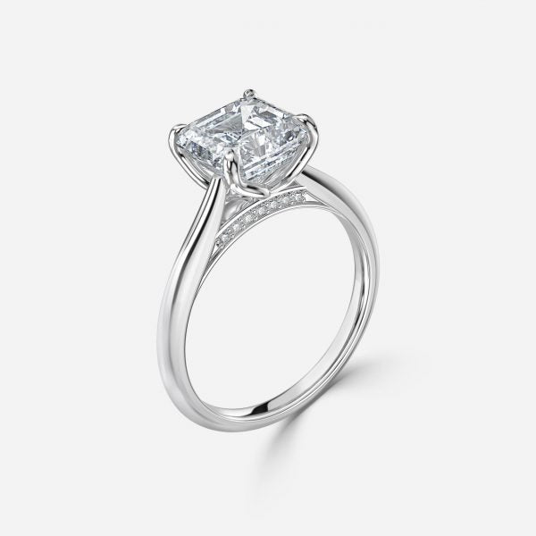 Saffron Asscher Hidden Halo Moissanite Engagement Ring