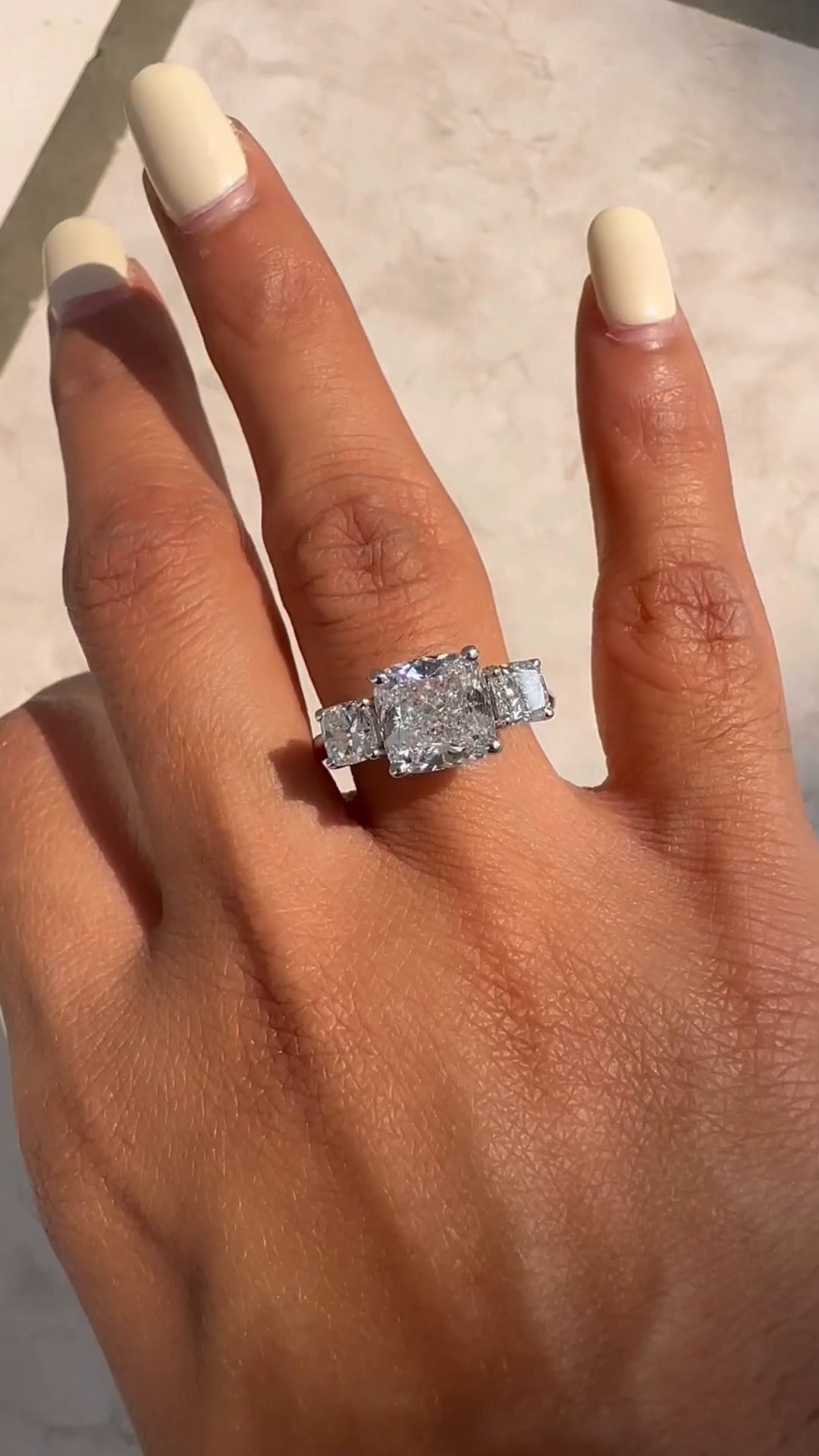 Elspeth Cushion Three Stone Moissanite Engagement Ring
