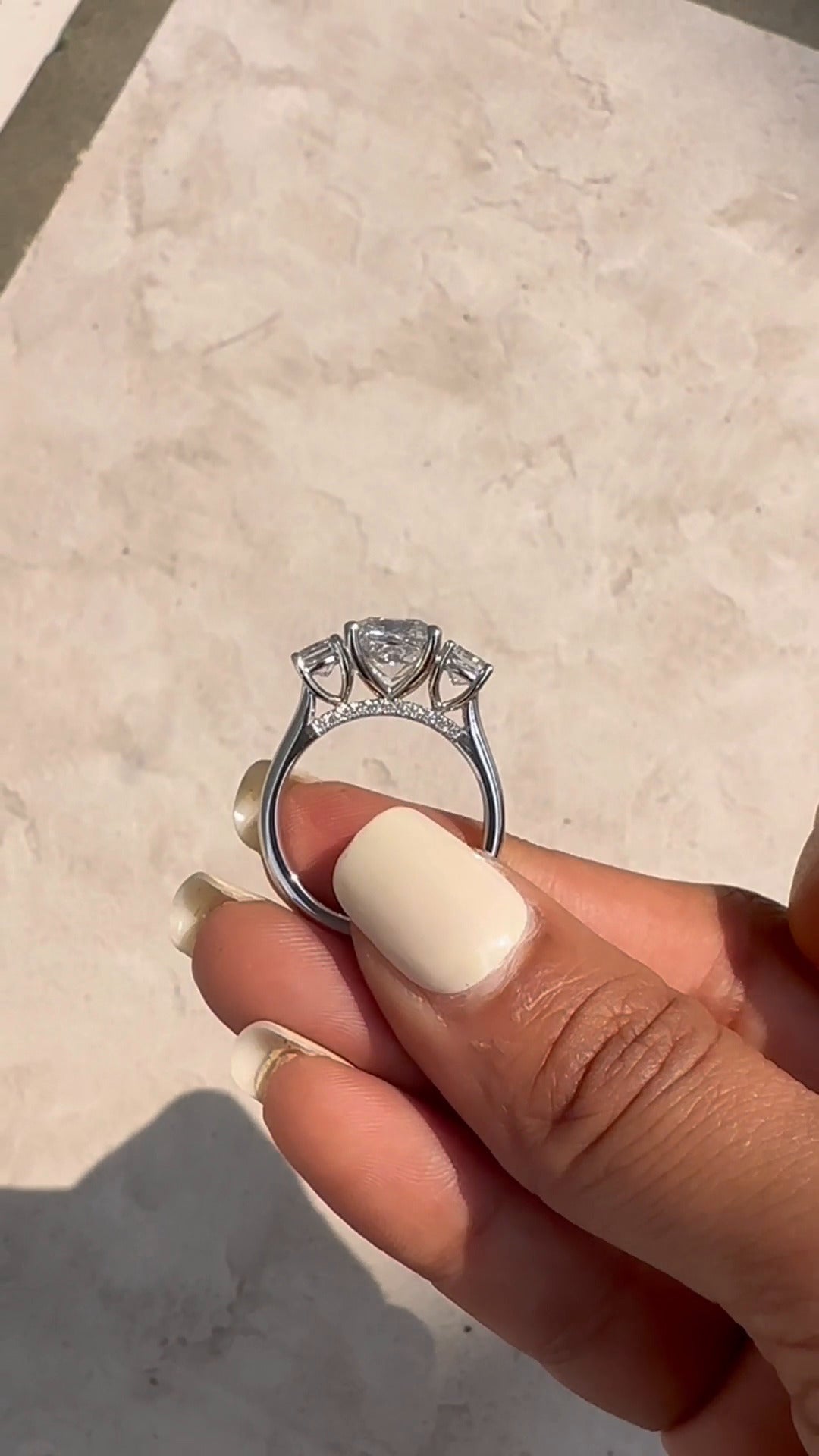 Elspeth Cushion Three Stone Moissanite Engagement Ring
