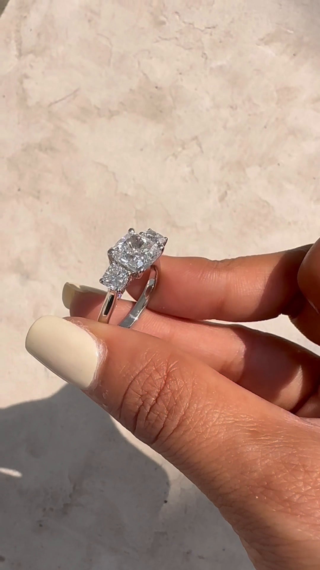 Elspeth Cushion Three Stone Moissanite Engagement Ring
