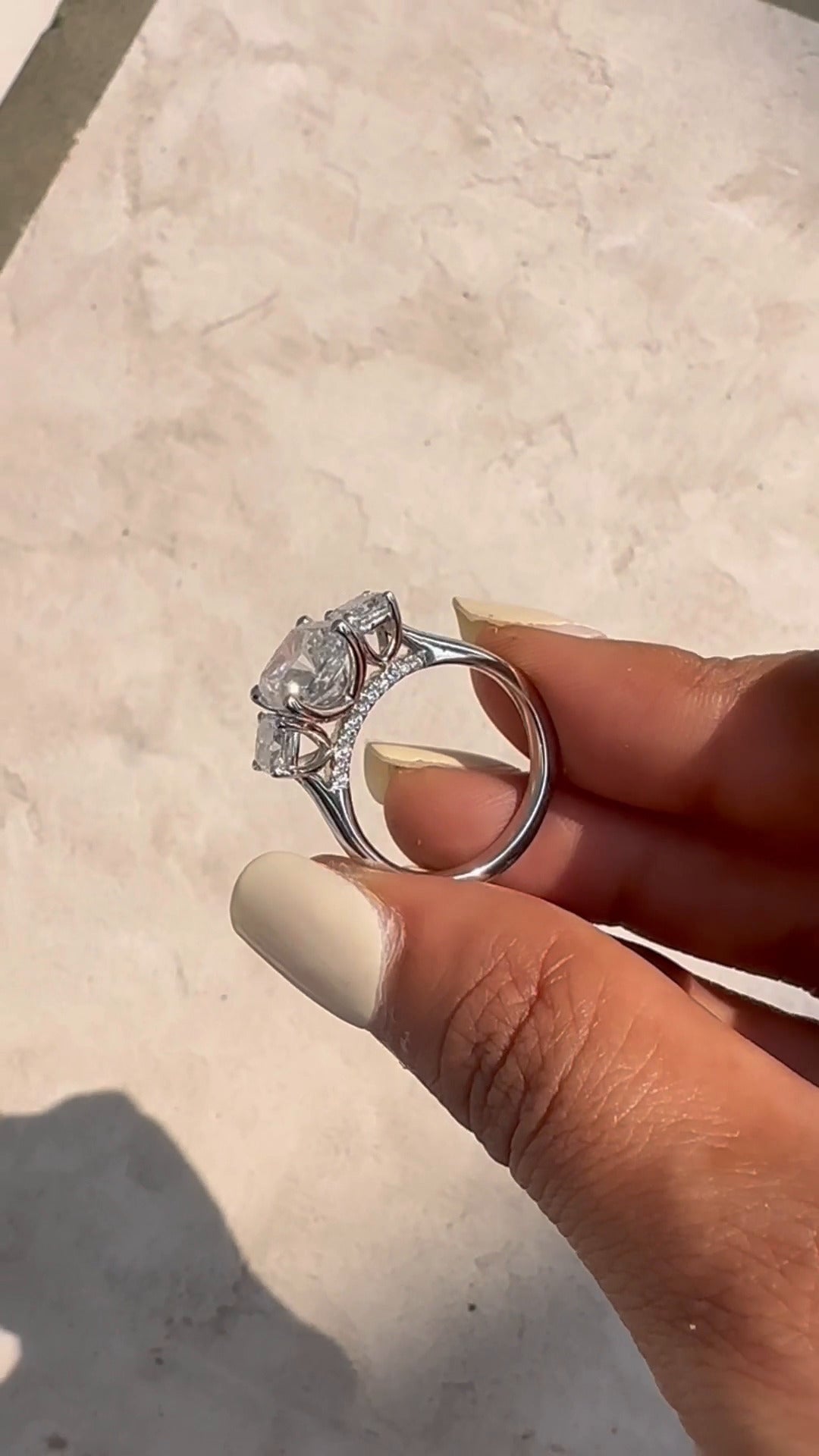 Elspeth Cushion Three Stone Moissanite Engagement Ring
