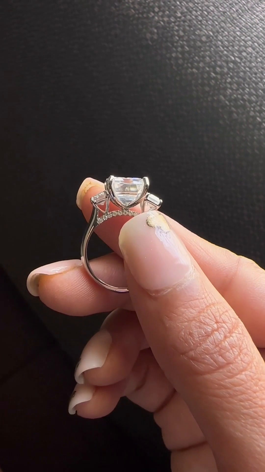 Elspeth Emerald Three Stone Moissanite Engagement Ring