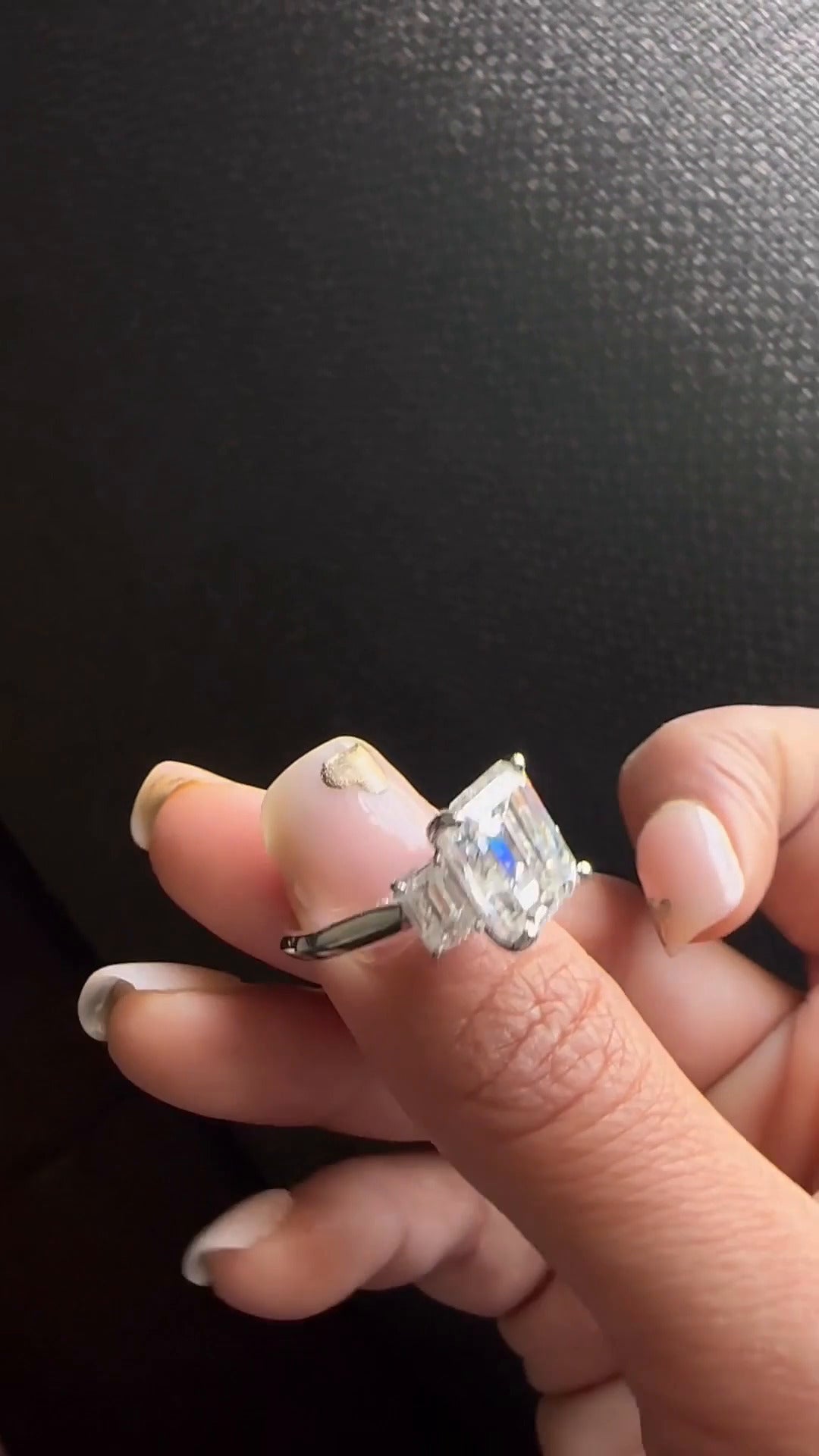 Elspeth Emerald Three Stone Moissanite Engagement Ring