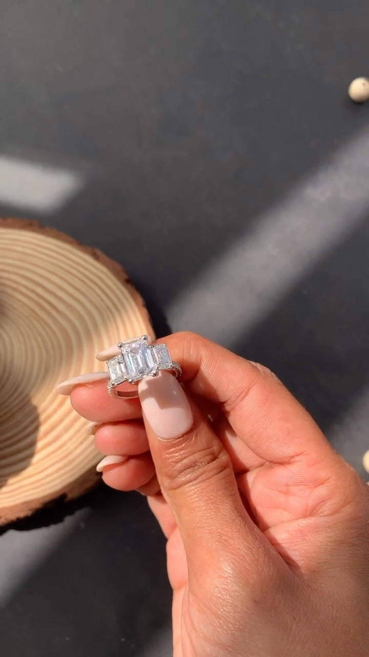 Fabian Emerald Three Stone Moissanite Engagement Ring
