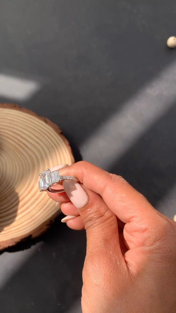 Fabian Emerald Three Stone Moissanite Engagement Ring