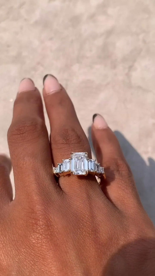 Fabiola Emerald Three Stone Moissanite Engagement Ring