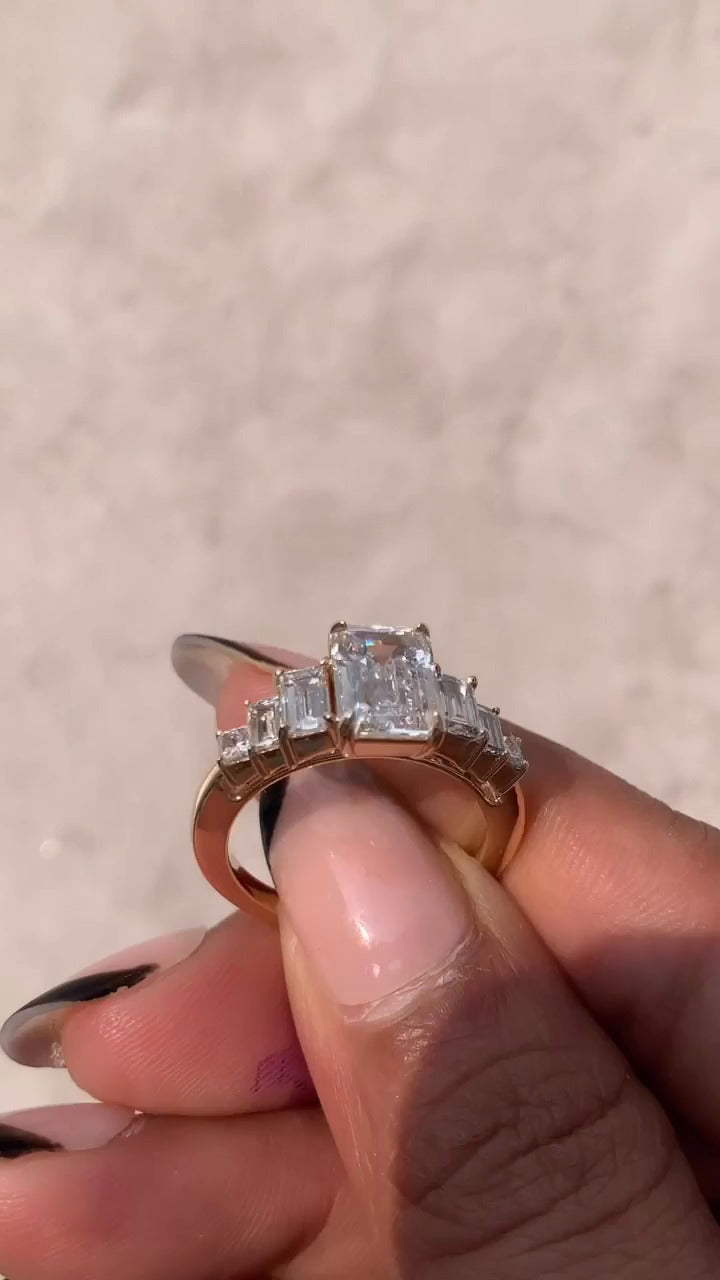 Fabiola Emerald Three Stone Moissanite Engagement Ring