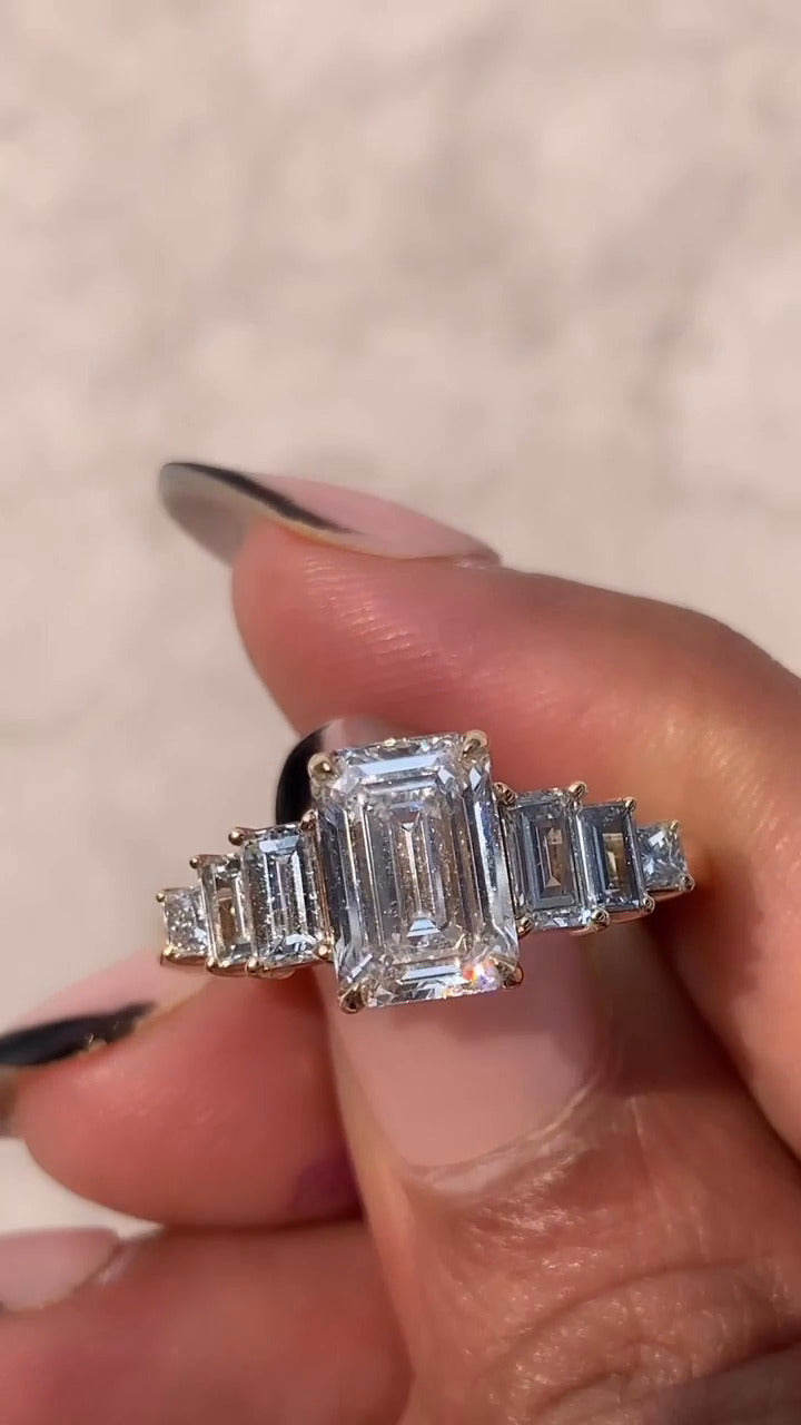 Fabiola Emerald Three Stone Moissanite Engagement Ring