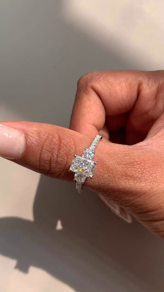 Olivine Radiant Three Stone Moissanite Engagement Ring