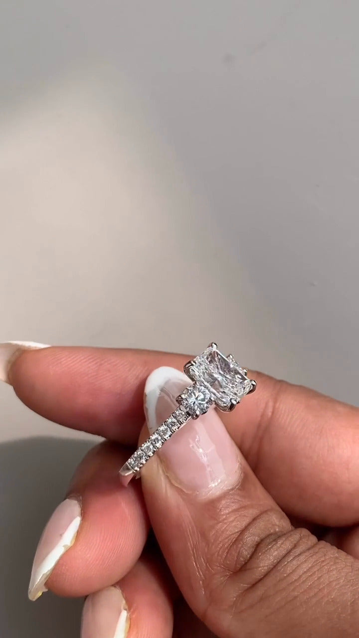 Olivine Radiant Three Stone Moissanite Engagement Ring