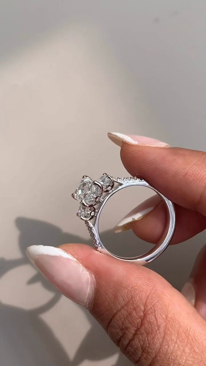 Olivine Radiant Three Stone Moissanite Engagement Ring