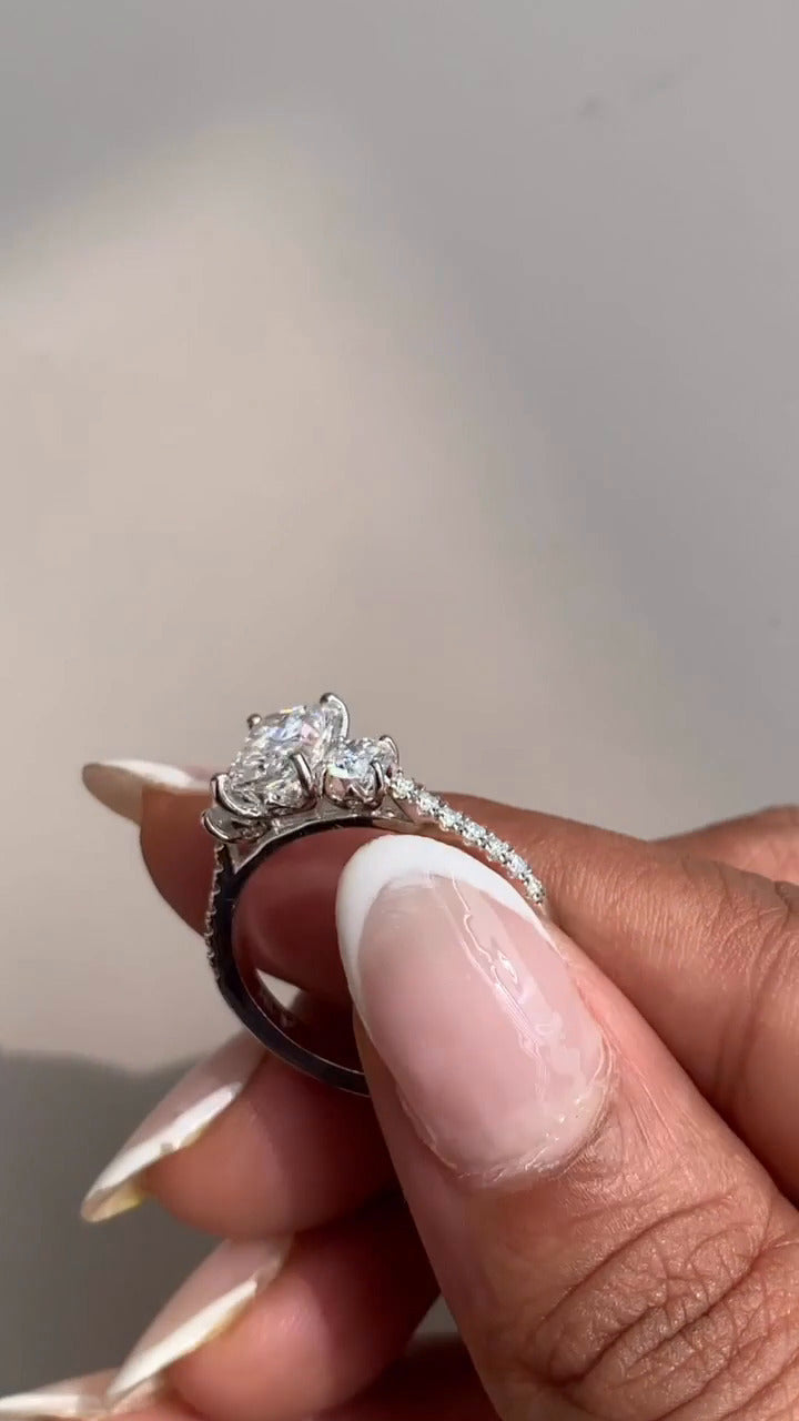 Olivine Radiant Three Stone Moissanite Engagement Ring