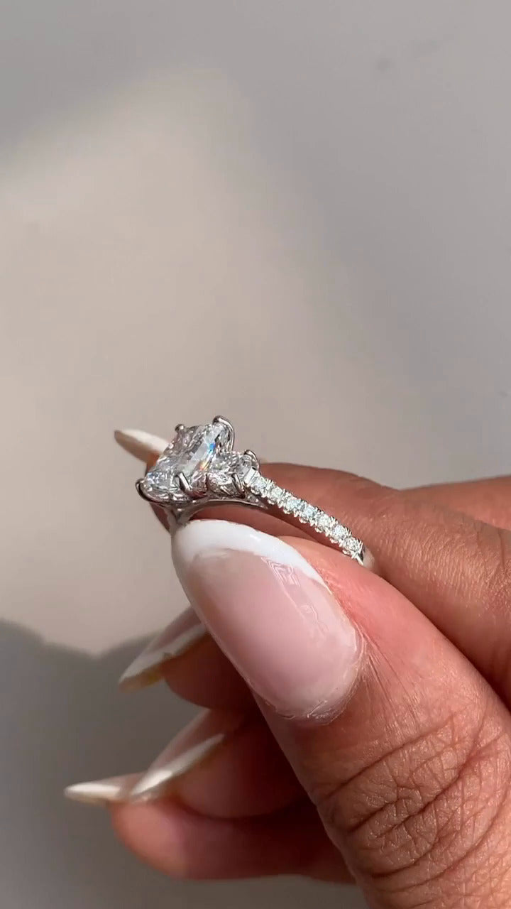 Olivine Radiant Three Stone Moissanite Engagement Ring