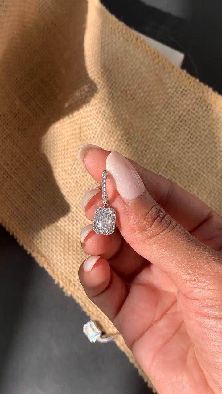 Radiant Moissanite Halo Drop Earrings