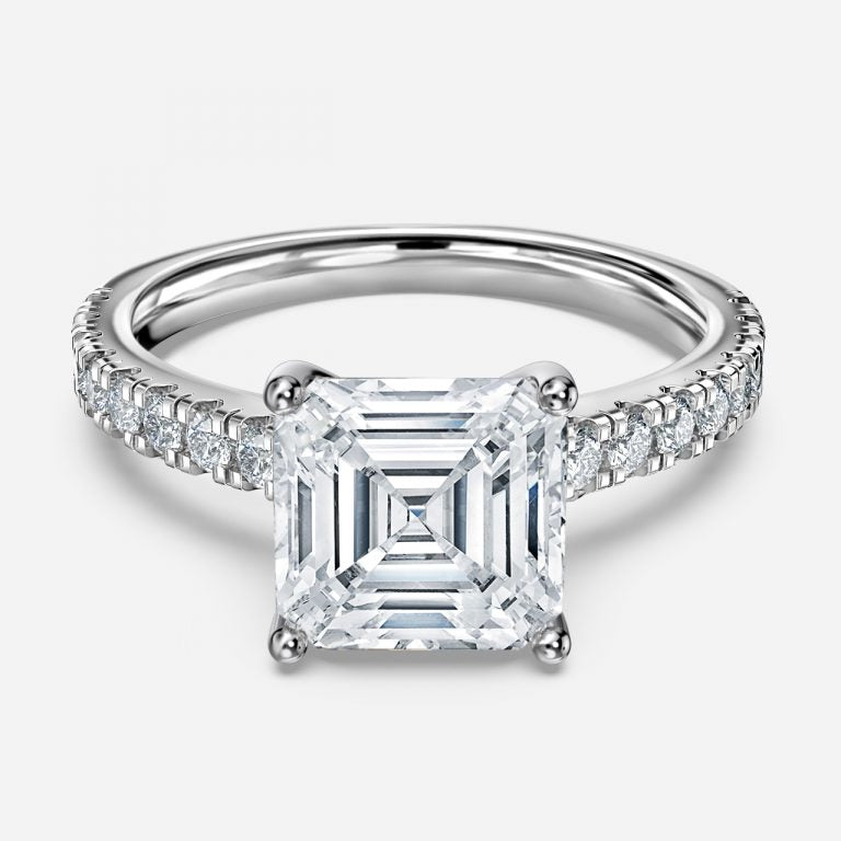 Halcyon Asscher Diamond Band Moissanite Engagement Ring