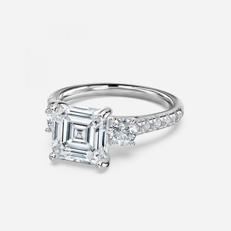 Olivine Asscher Three Stone Moissanite Engagement Ring