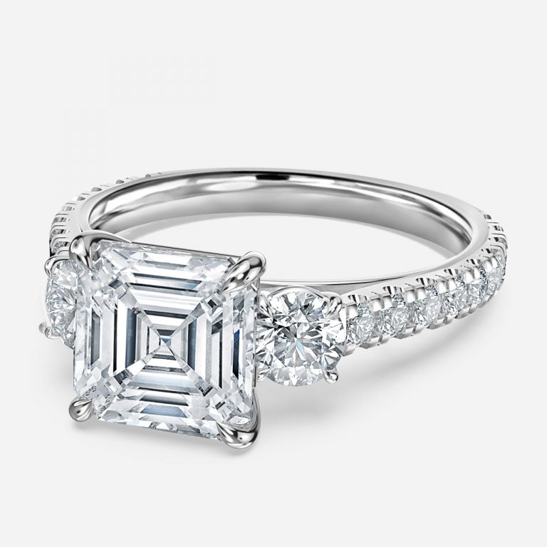 Oriana Asscher Three Stone Moissanite Engagement Ring