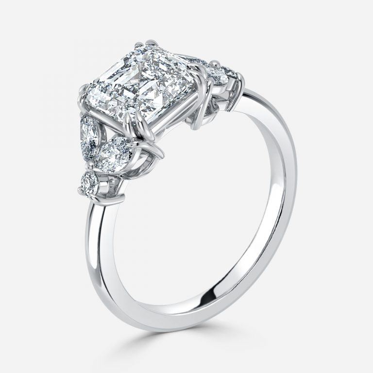 Zephyr Asscher Three Stone Moissanite Engagement Ring