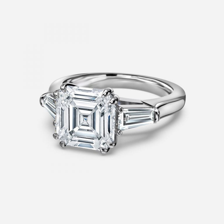 Calliope Asscher Three Stone Moissanite Engagement Ring