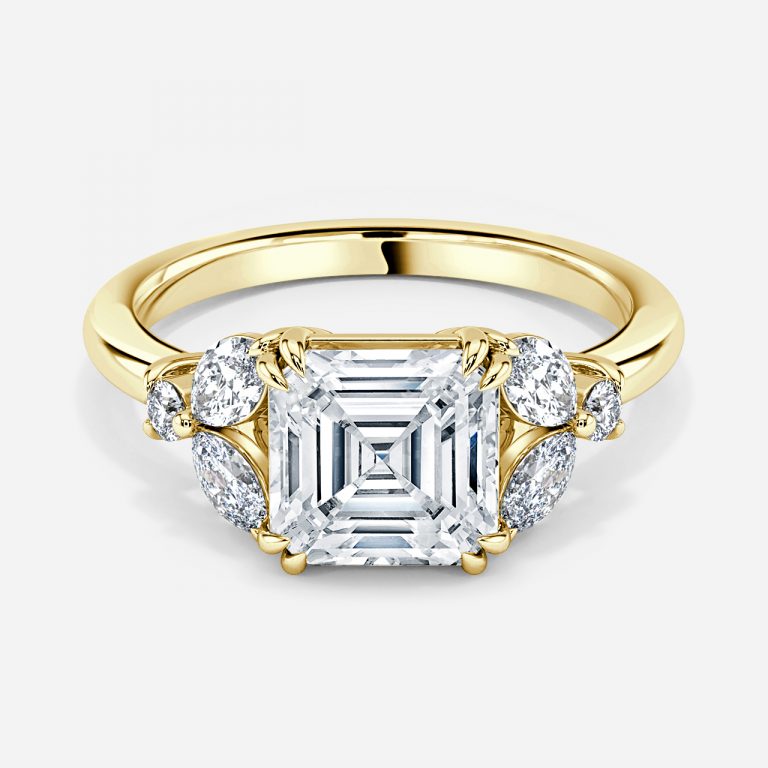 Zephyr Asscher Three Stone Moissanite Engagement Ring