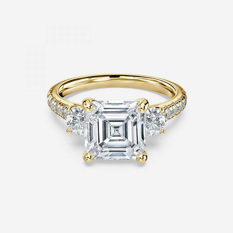 Olivine Asscher Three Stone Moissanite Engagement Ring