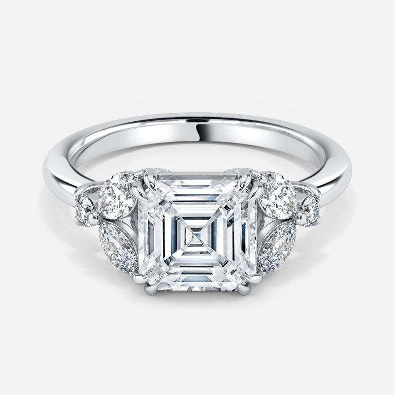 Zephyr Asscher Three Stone Moissanite Engagement Ring