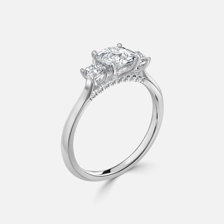 Elspeth Cushion Three Stone Moissanite Engagement Ring