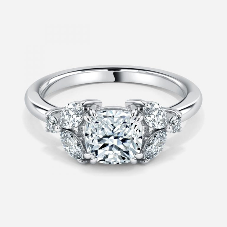 Zephyr Cushion Three Stone Moissanite Engagement Ring