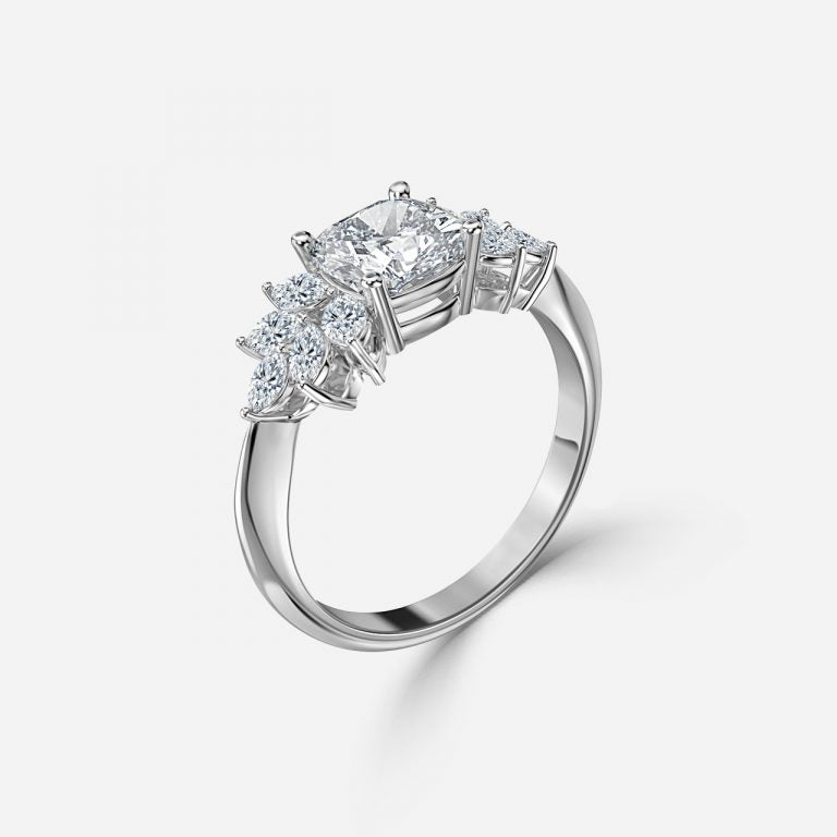 Clarity Cushion Three Stone Moissanite Engagement Ring