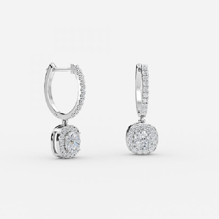 Cushion Moissanite Halo Drop Earrings