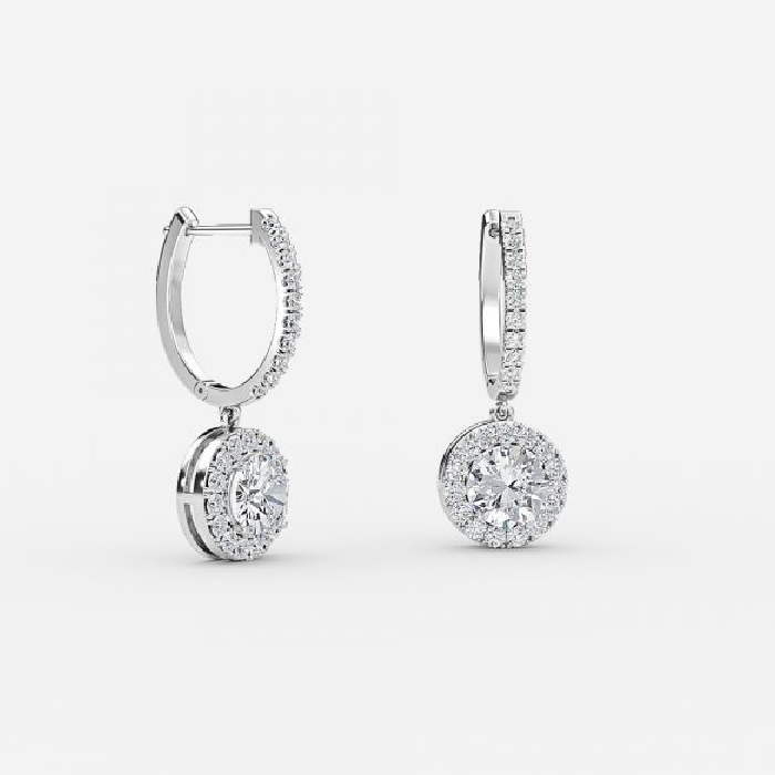 Round Moissanite Halo Drop Earrings