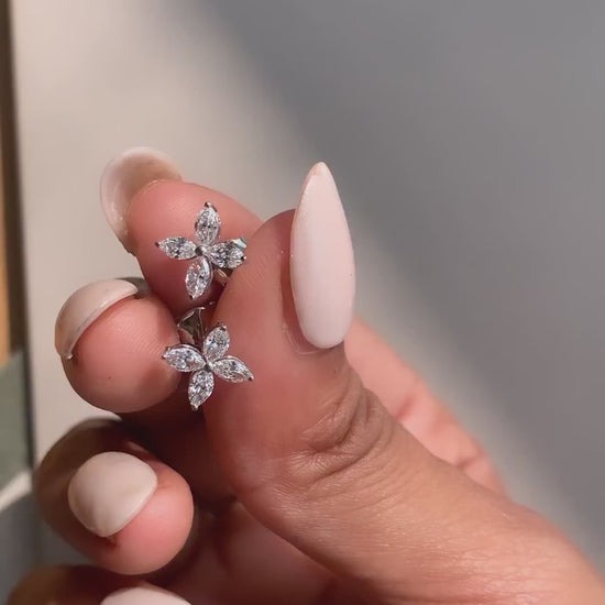 Unique Marquise Moissanite Floral Leaf Stud Earrings