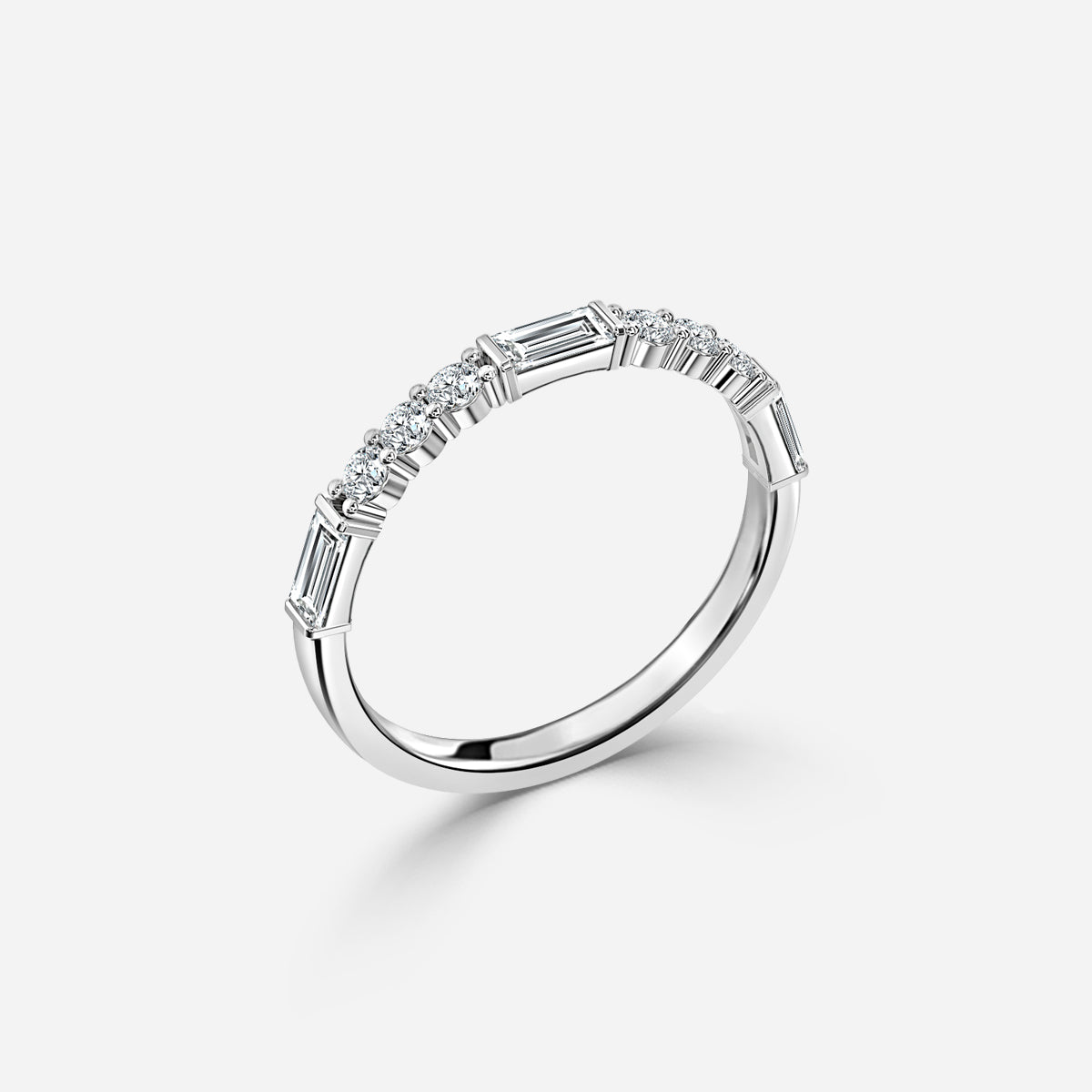 Round And Baguette Diamond Cut Moissnaite Half Eternity Ring