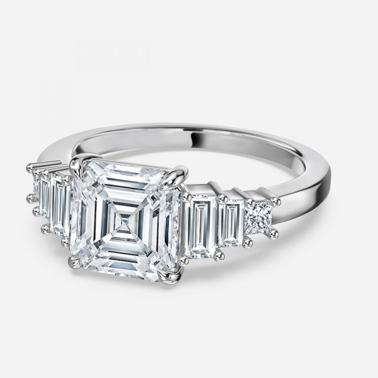 Tien Asscher Three Stone Moissanite Engagement Ring