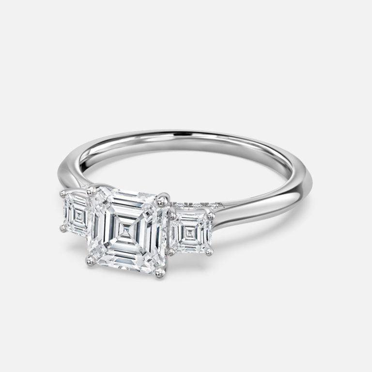 Elspeth Asscher Three Stone Moissanite Engagement Ring