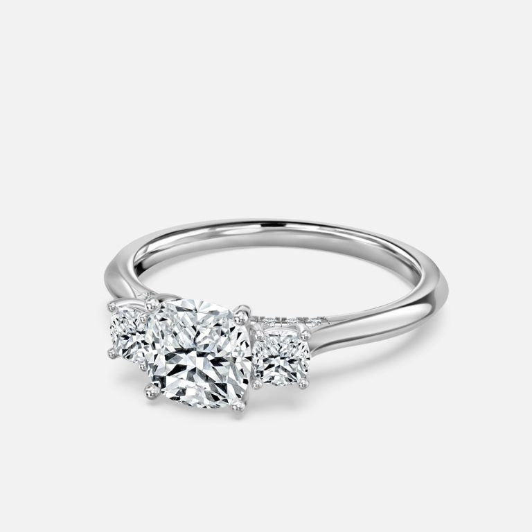 Elspeth Cushion Three Stone Moissanite Engagement Ring