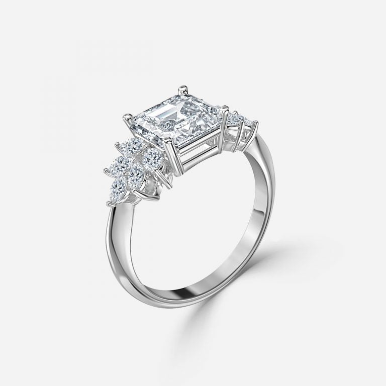 Clarity Asscher Three Stone Moissanite Engagement Ring