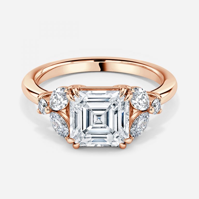 Zephyr Asscher Three Stone Moissanite Engagement Ring